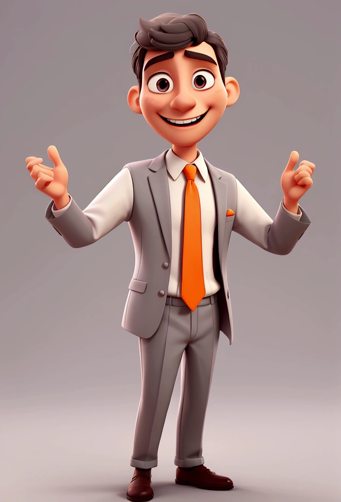 Smiling 25 year old man, wearing a gray suit with orange tie and white shirt, fair skin, with open arms celebrating, drawing in 3D Art style, C4D, city background, Disney style, pixar style render illustration Super Detail, 8K
