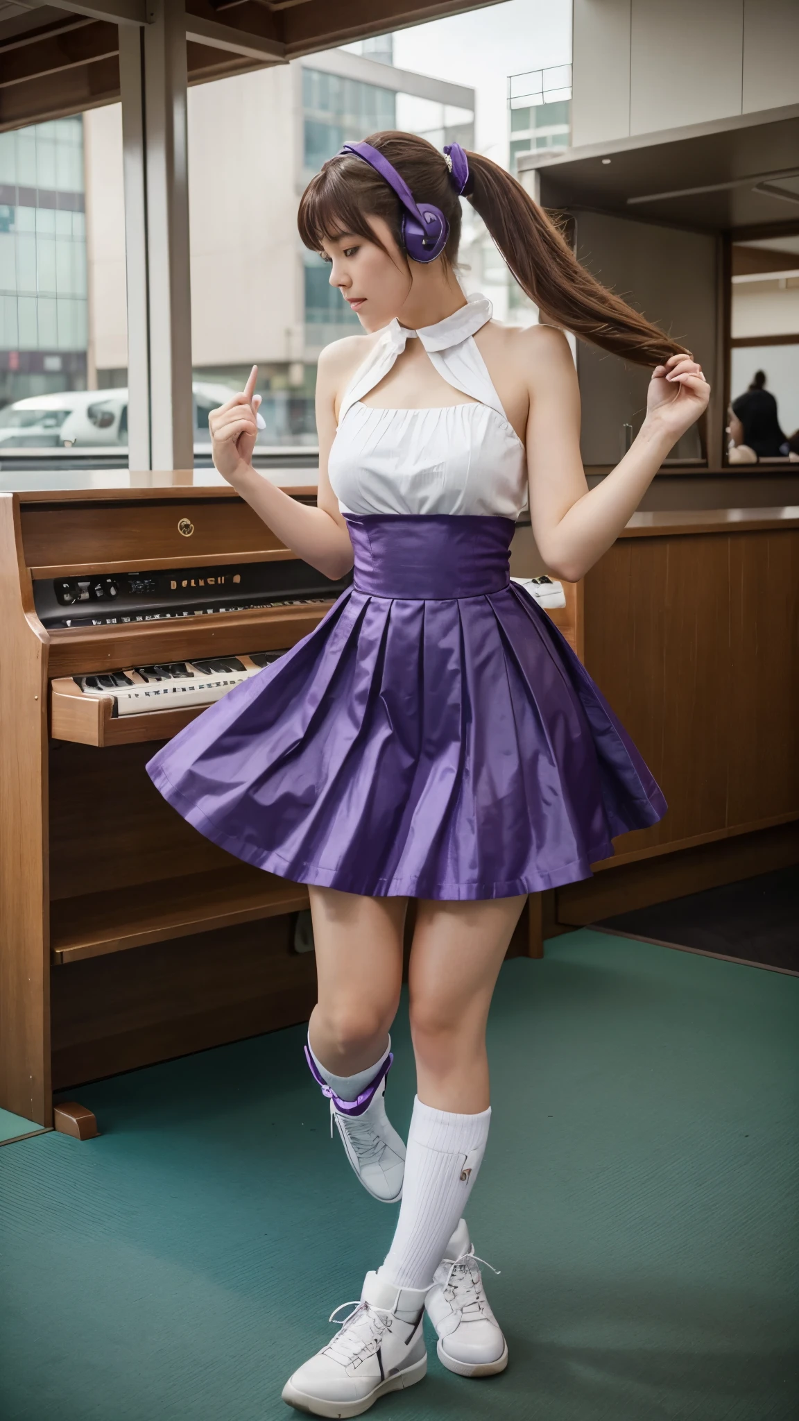 ((masterpiece, best quality))1girl, solo, fashion purple dress modern future, electric guitar, headphones, ponytail, holding, holding plectrum, instrument, very very long brown hair, music, one side up, teal hair, twin tails, playing guiter, pleated long skirt fashion, fashion cosplay japan dress modern purple and white, interior, full body, purple, sit down in retro classic chair, walking, jumping, beautiful boot modern, background japan city, fashion costume cosplay japan modern, execited, dancing, jumping, running, fighting, having lunch