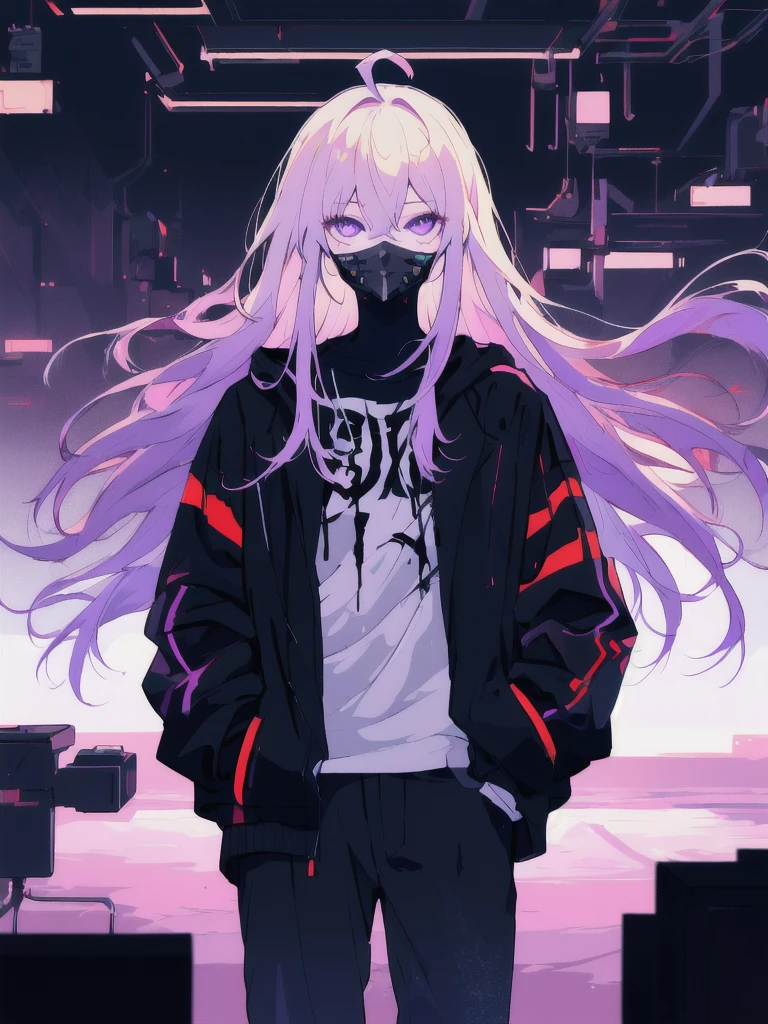 ((masterpiece)), (best quality), ((highres)), 4K, Detailed, (Ambient Light, Digital Art, Soft Lighting, extremely detailed 8K wallpaper:1.2), BREAK 1girl, solo, pale skin, violet eyes, violet hair, ahoge, (absurdly long hair:1.1), flat chest, cyberpunk scenery, black jacket, pants, shirt, night, hand in pocket, looking at viewer, hair between eyes, expressionless, rtx, neon light, black medical mask