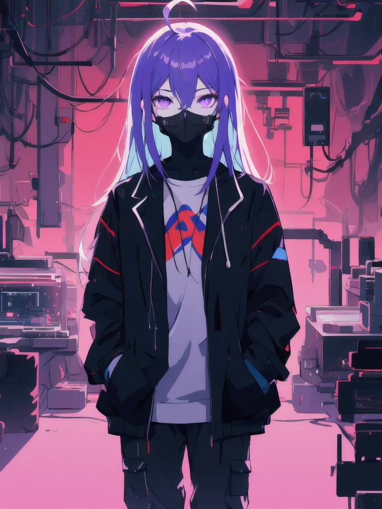 ((masterpiece)), (best quality), ((highres)), 4K, Detailed, (Ambient Light, Digital Art, Soft Lighting, extremely detailed 8K wallpaper:1.2), BREAK 1girl, solo, pale skin, violet eyes, violet hair, ahoge, (absurdly long hair:1.1), flat chest, cyberpunk scenery, black jacket, pants, shirt, night, hand in pocket, looking at viewer, hair between eyes, expressionless, rtx, neon light, black medical mask