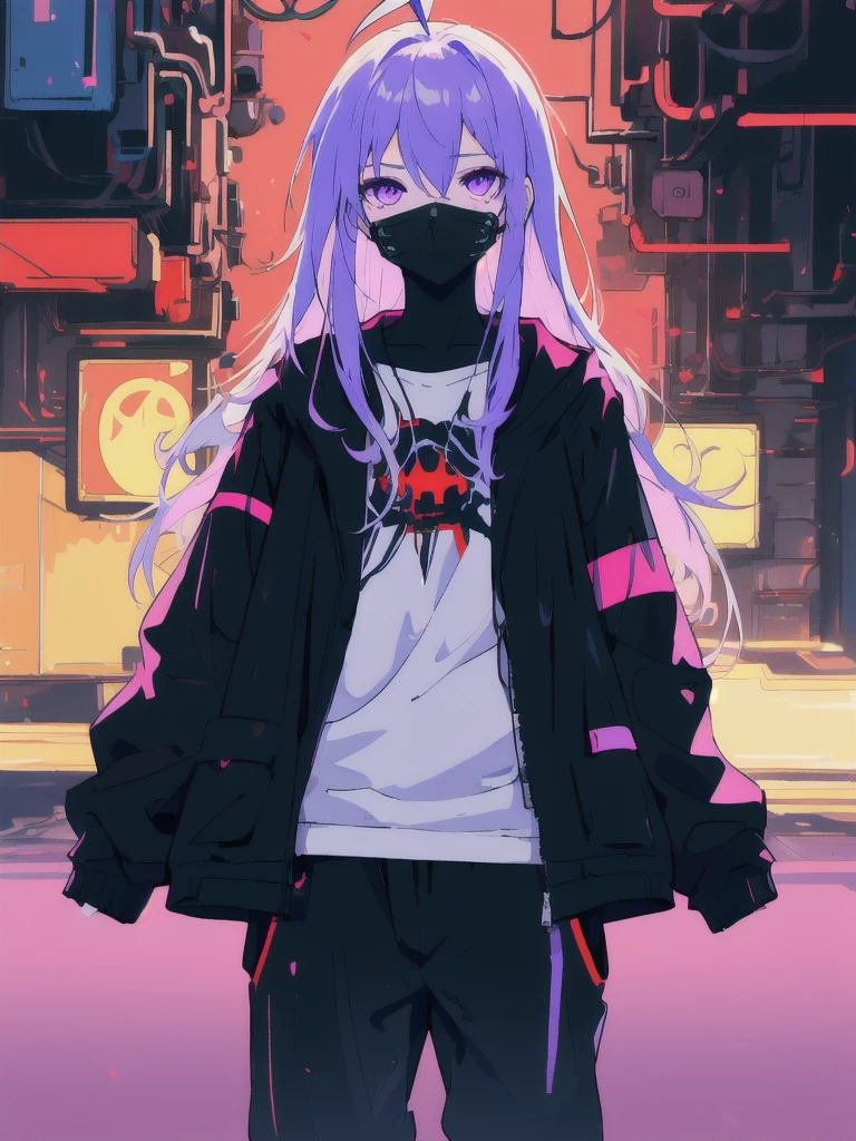 ((masterpiece)), (best quality), ((highres)), 4K, Detailed, (Ambient Light, Digital Art, Soft Lighting, extremely detailed 8K wallpaper:1.2), BREAK 1girl, solo, pale skin, violet eyes, violet hair, ahoge, (absurdly long hair:1.1), flat chest, cyberpunk scenery, black jacket, pants, shirt, night, hand in pocket, looking at viewer, hair between eyes, expressionless, rtx, neon light, black medical mask