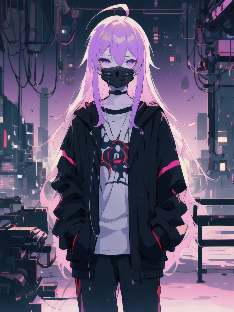 ((masterpiece)), (best quality), ((highres)), 4K, Detailed, (Ambient Light, Digital Art, Soft Lighting, extremely detailed 8K wallpaper:1.2), BREAK 1girl, solo, pale skin, violet eyes, violet hair, ahoge, (absurdly long hair:1.1), flat chest, cyberpunk scenery, black jacket, pants, shirt, night, hand in pocket, looking at viewer, hair between eyes, expressionless, rtx, neon light, black medical mask