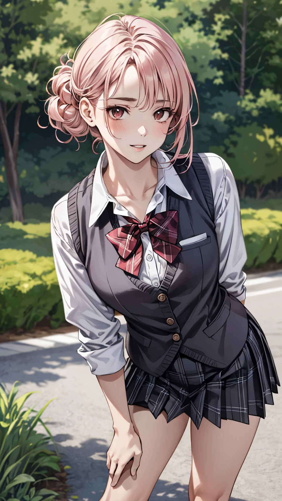 (masterpiece:1.3, top-quality, ultra high res, ultra detailed), (realistic, photorealistic:1.4), beautiful illustration, perfect lighting, natural lighting, colorful, depth of fields, surrealism,
beautiful detailed hair, beautiful detailed face, beautiful detailed eyes, beautiful clavicle, beautiful body, beautiful chest, beautiful thigh, beautiful legs, beautiful fingers, shiny skin,
looking at viewer, 1 girl, japanese, high school girl, (perfect anatomy, anatomically correct, super detailed skin), cute and symmetrical face, face, perfect face, perfect eyes,
(middle hair, half updo, pink hair), parted bangs, brown eyes, big eyes, drooping eyes, long eyelashes, (medium breasts, seductive thighs), slender, outstanding style,
((detailed cloth texture, break,break, white collared shirt, break,break, light brown knit vest, break,break, grey plaid pleated skirt, break,break, red bow tie), break,break, white socks, black loafer),
(beautiful scenery), evening, (park), standing, leaning forward, (arms behind back), (lovely smile, parted lips),