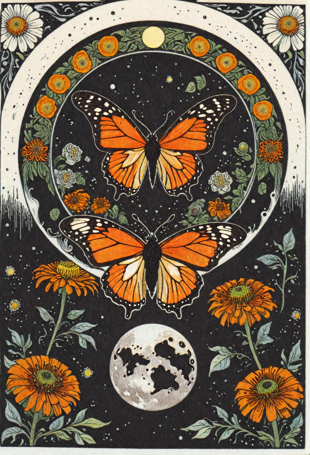 symmetric, balanced, monarch butterfly at the center of the moon surrounded by a frame of zinnia flowers, dark amber and gray colors, ephemeral patterns, witchcore aesthetics, cloisonnism, eleanor vere boyle, Ivan Bilibin Style page, lks73zb1, Inkdrawing, by Kr355e