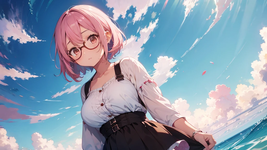 1girl,flower pattern , ,pastel pink hair,brown eye,bob hair,standing, put hands on body, full body,red frame eyewear,big breasts,