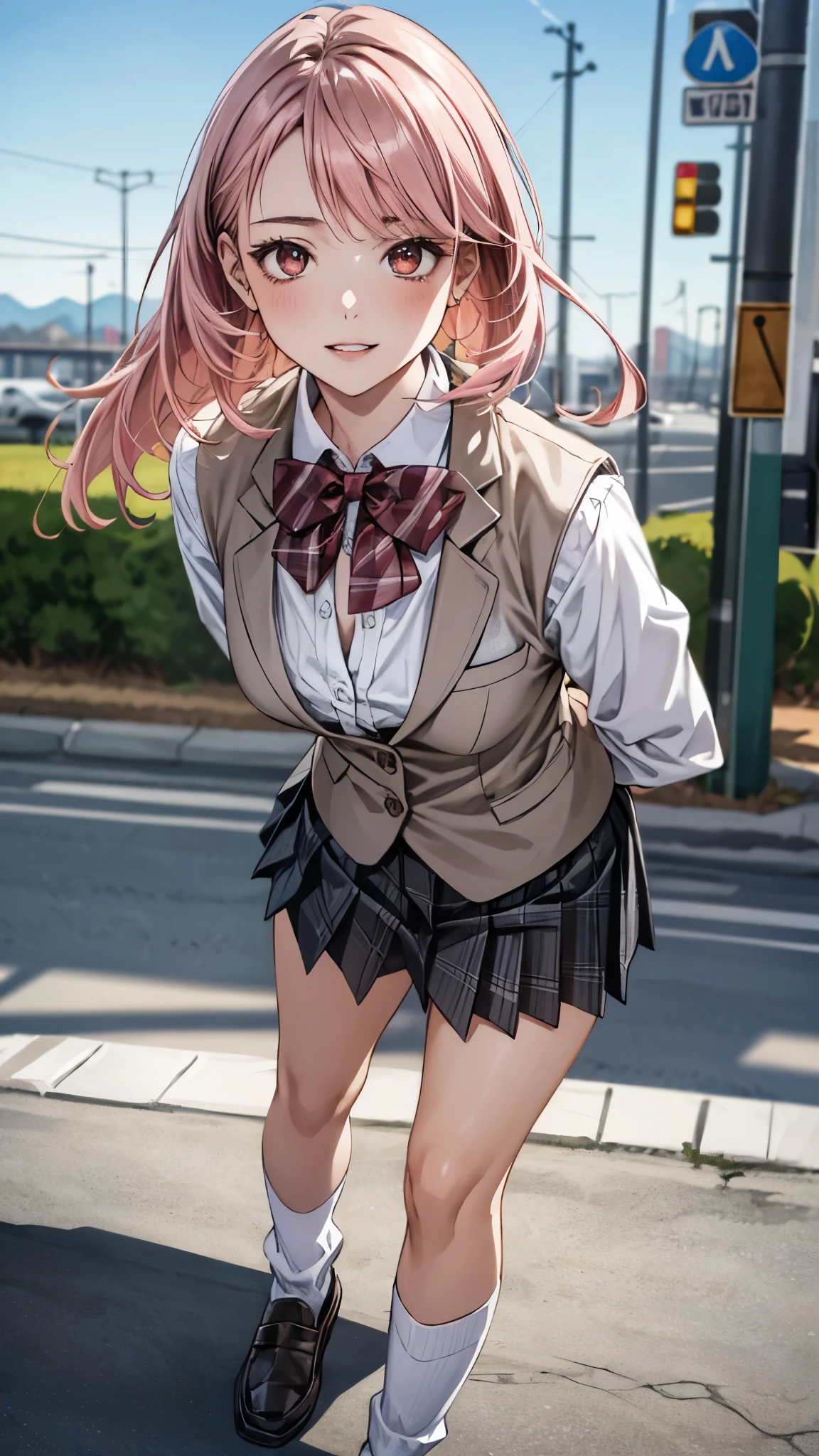 (masterpiece:1.3, top-quality, ultra high res, ultra detailed), (realistic, photorealistic:1.4), beautiful illustration, perfect lighting, natural lighting, colorful, depth of fields, surrealism,
beautiful detailed hair, beautiful detailed face, beautiful detailed eyes, beautiful clavicle, beautiful body, beautiful chest, beautiful thigh, beautiful legs, beautiful fingers, shiny skin,
looking at viewer, 1 girl, japanese, high school girl, (perfect anatomy, anatomically correct, super detailed skin), cute and symmetrical face, face, perfect face, perfect eyes,
(middle hair, half updo, pink hair), parted bangs, brown eyes, big eyes, drooping eyes, long eyelashes, (medium breasts, seductive thighs), slender, outstanding style,
((detailed cloth texture, break,break, white collared shirt, break,break, light brown knit vest, break,break, grey plaid pleated skirt, break,break, red bow tie), break,break, white socks, black loafer),
(beautiful scenery), evening, (park), standing, leaning forward, (arms behind back), (lovely smile, parted lips),