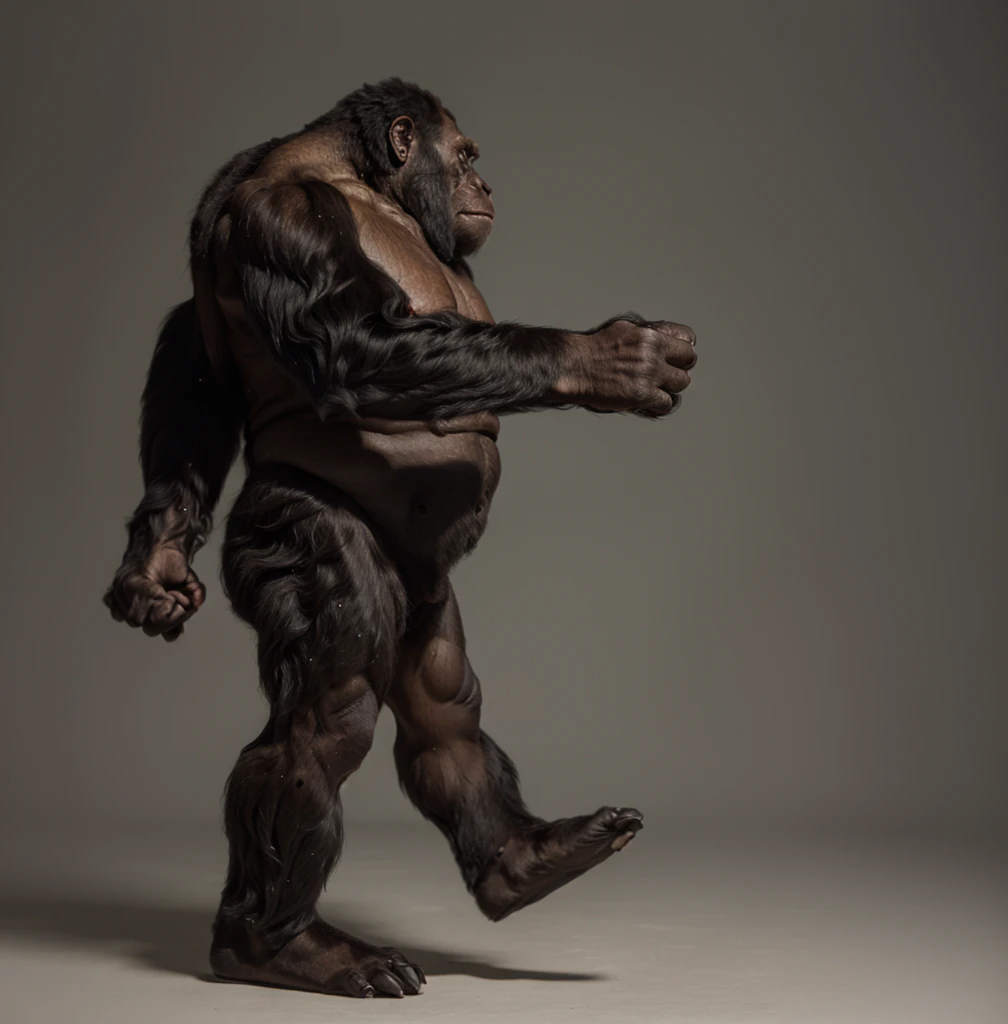 arafed gorilla standing on its hind legs with a white background, gorilla, hand in fist pose, distant full body view, bigfoot, big foot, full body wide shot, whole body highly detailed, like gorilla, sasquatch,muscular, strong body, full body profile, 1/2 view realistic, full body shot hyperdetailed, highly detailed full body, ( sasquatch, full body close-up shot