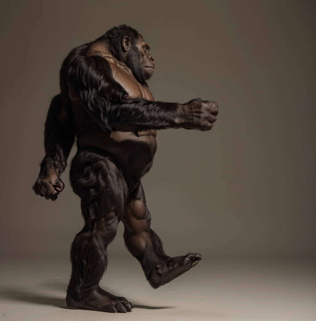 arafed gorilla standing on its hind legs with a white background, gorilla, hand in fist pose, distant full body view, bigfoot, big foot, full body wide shot, whole body highly detailed, like gorilla, sasquatch,muscular, strong body, full body profile, 1/2 view realistic, full body shot hyperdetailed, highly detailed full body, ( sasquatch, full body close-up shot