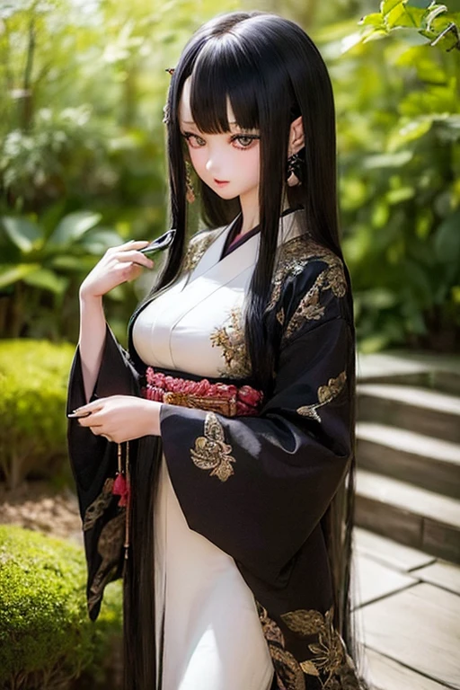 (SFW:2), photorealistic, realistic photo, ((highest quality)), ((masterpiece)), (extremely detailed), kukolnydom, doll, (mature woman, 22yo, 22 years old:1.6), solo, ((cowboy shot, standing, skinny, slender, slim)), kimono, green eyes, parted lips, (black hair, long hair, looking at another, blank eyes, empty eyes, detailed eyes:1.3), hair ornament, Japanese garden, 8k