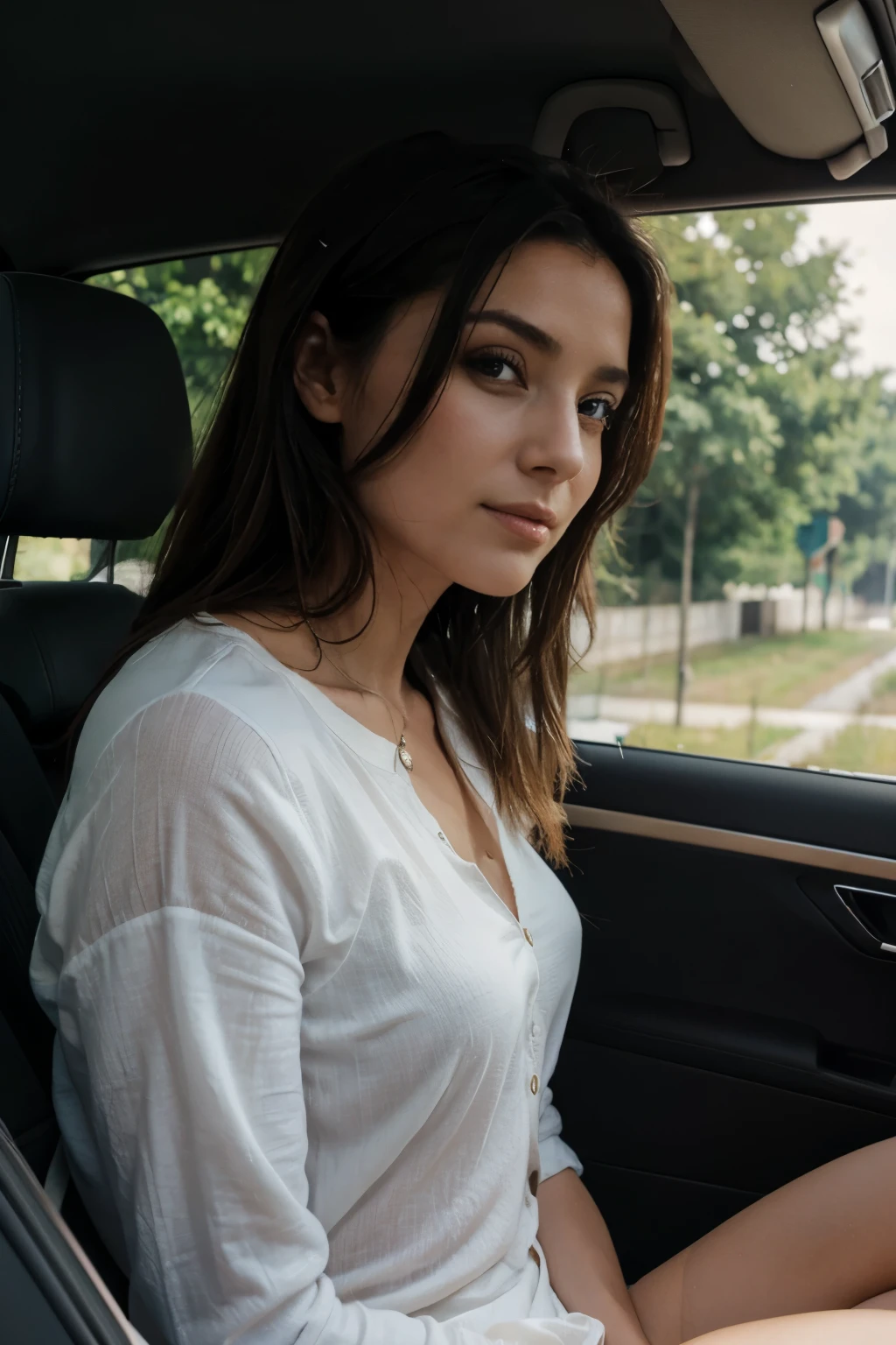 Crée moi une femme qui nous regarde au volant d’une voiture