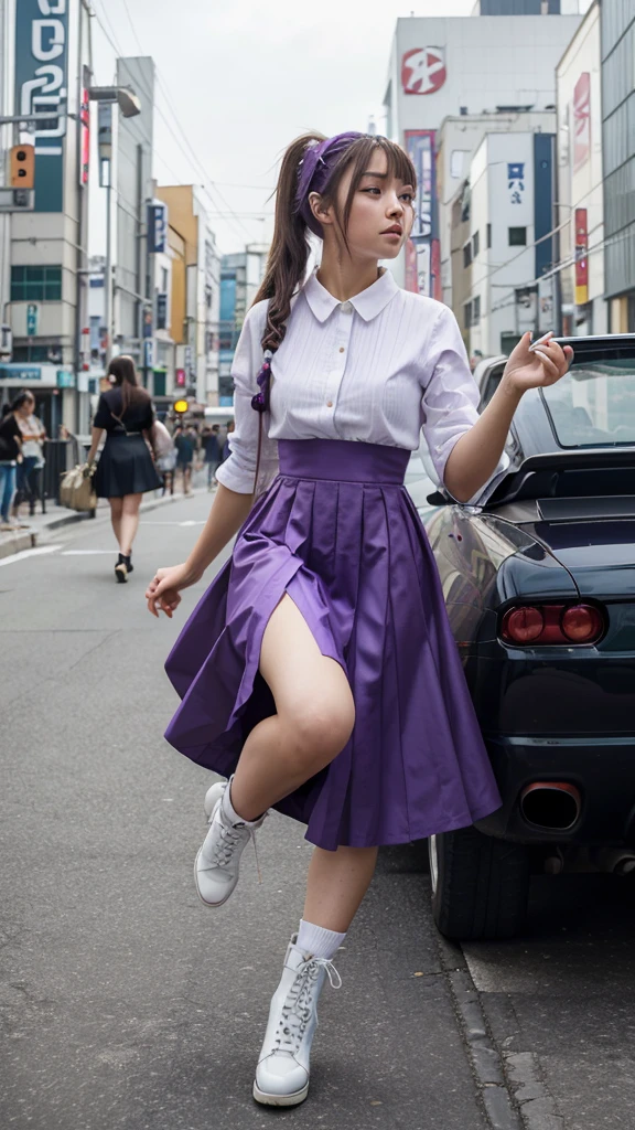 ((masterpiece, best quality))1girl, solo, fashion purple dress modern future, electric guitar, headphones, ponytail, holding, holding plectrum, instrument, very very long brown hair, music, one side up, teal hair, twin tails, playing guiter, pleated long skirt fashion, fashion cosplay japan dress modern purple and white, interior, full body, purple, sit down in retro classic chair, walking, jumping, beautiful boot modern, background japan city, fashion costume cosplay japan modern, execited, dancing, jumping, running, fighting, having lunch