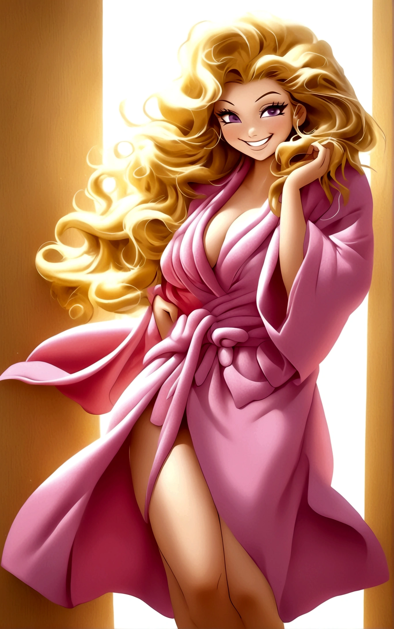 1girl，独奏，Long hair，Chest，Smile，blond，大Chest，Simple background，White background，Cleavage，Purple Eyes，whole body，Bathrobe，sandals，粉色Bathrobe