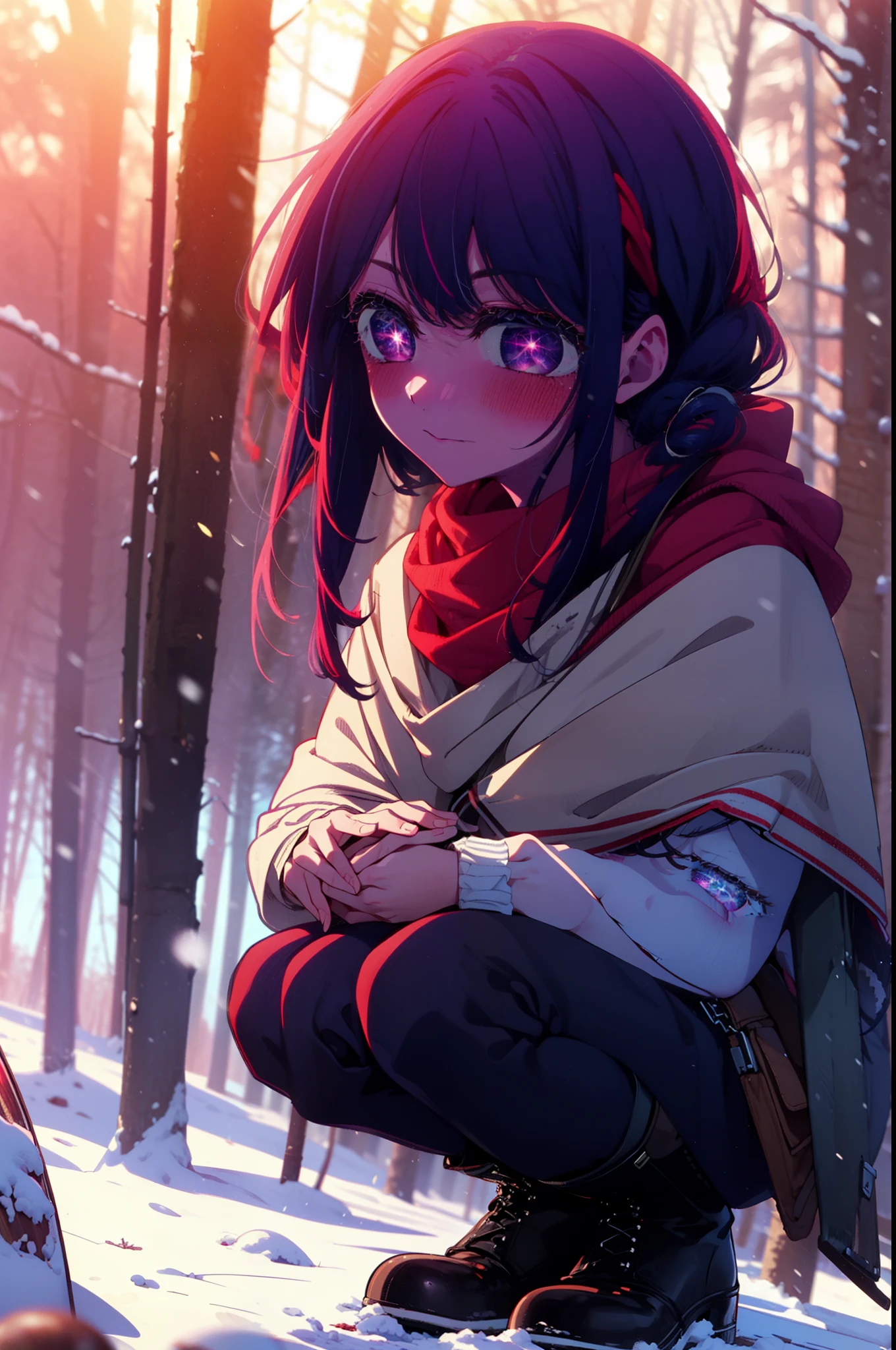 aihoshino, Ai Hoshino, Long Hair, bangs, (Purple eyes:1.1), Purple Hair, (Symbol-shaped pupil:1.5), smile,,smile,blush,White Breath,
Open your mouth,snow,Ground bonfire, Outdoor, boots, snowing, From the side, wood, suitcase, Cape, Blurred, , forest, White handbag, nature,  Squat, Mouth closed, Cape, winter, Written boundary depth, Black shoes, red Cape break looking at viewer, Upper Body, whole body, break Outdoor, forest, nature, break (masterpiece:1.2), Highest quality, High resolution, unity 8k wallpaper, (shape:0.8), (Beautiful and beautiful eyes:1.6), Highly detailed face, Perfect lighting, Highly detailed CG, (Perfect hands, Perfect Anatomy),
