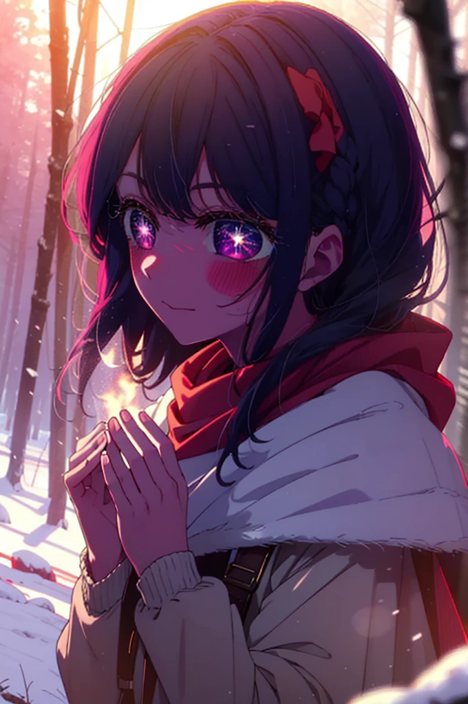 aihoshino, Ai Hoshino, Long Hair, bangs, (Purple eyes:1.1), Purple Hair, (Symbol-shaped pupil:1.5), smile,,smile,blush,White Breath,
Open your mouth,snow,Ground bonfire, Outdoor, boots, snowing, From the side, wood, suitcase, Cape, Blurred, , forest, White handbag, nature, Squat, Mouth closed, Cape, winter, Written boundary depth, Black shoes, red Cape break looking at viewer, Upper Body, whole body, break Outdoor, forest, nature, break (masterpiece:1.2), Highest quality, High resolution, unity 8k wallpaper, (shape:0.8), (Beautiful and beautiful eyes:1.6), Highly detailed face, Perfect lighting, Highly detailed CG, (Perfect hands, Perfect Anatomy),