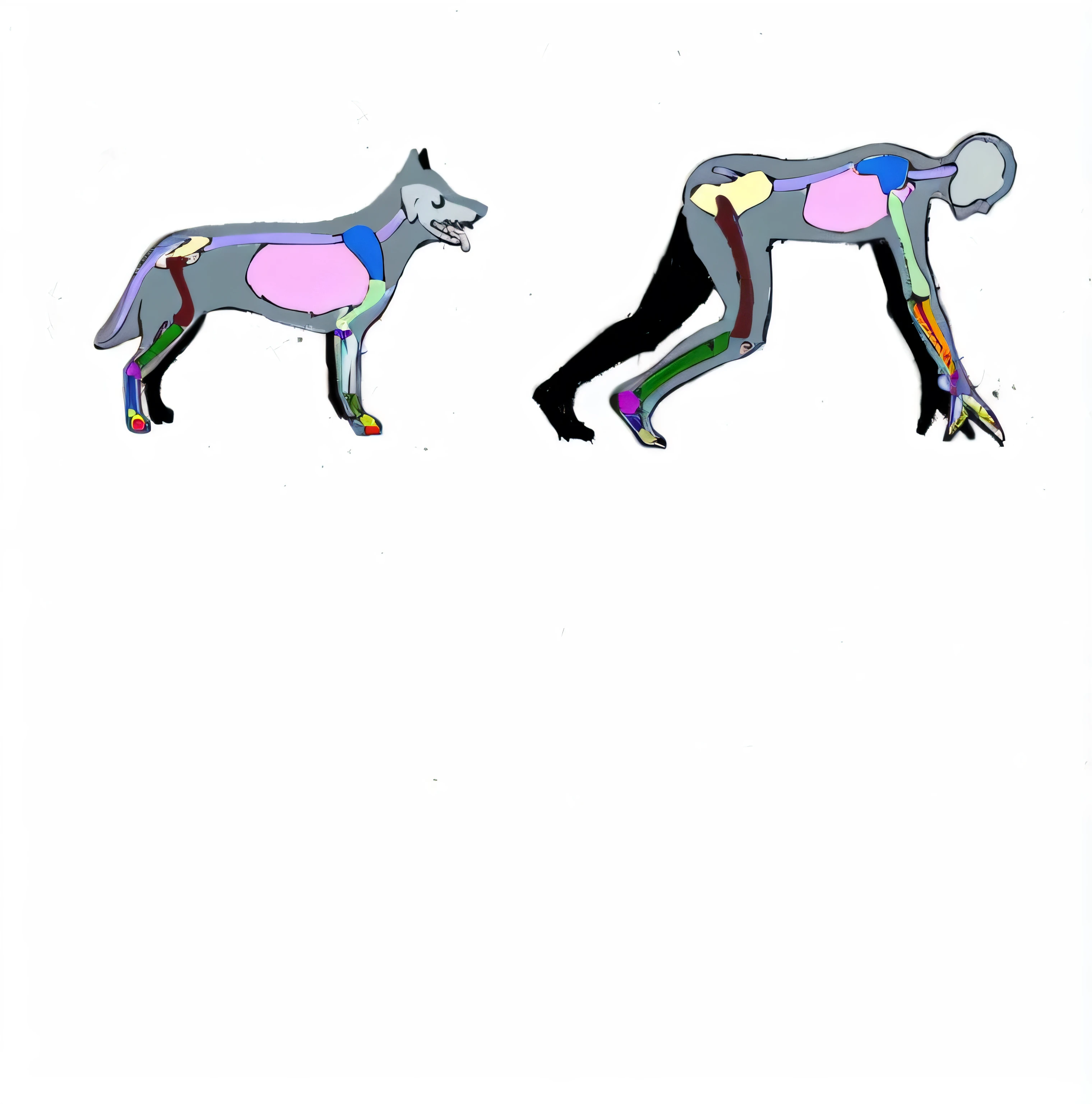 Create a comparative anatomical illustration between a dog and a human, focusing on internal organs and bones. The illustration should highlight the main differences and similarities in the bone structure and main internal organs, like the heart, lungs, liver and intestines. Use different colors for each part and include explanatory captions to facilitate understanding. The presentation must be entertaining and educational, suitable for biology students and anatomy enthusiasts.