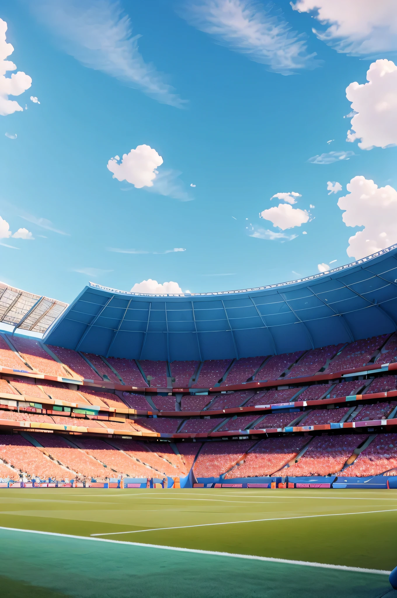 bokeh soccer stadium full of fans, vibrant colors, blue sky with scattered clouds