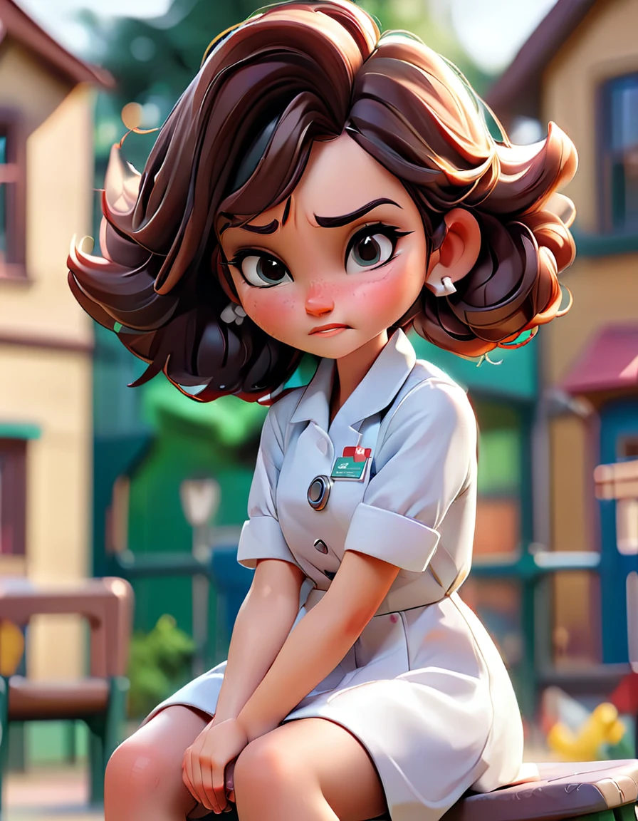 School scene, the background in blur, a girl sitting on the playground, He grabs his elbow because it hurts while (2 people serve, a doctor and a nurse) to make you feel better.
The girl looks and smiles a little at the doctor who calms her down.. (There are other children around who look blurry) (High Definition) (8k)