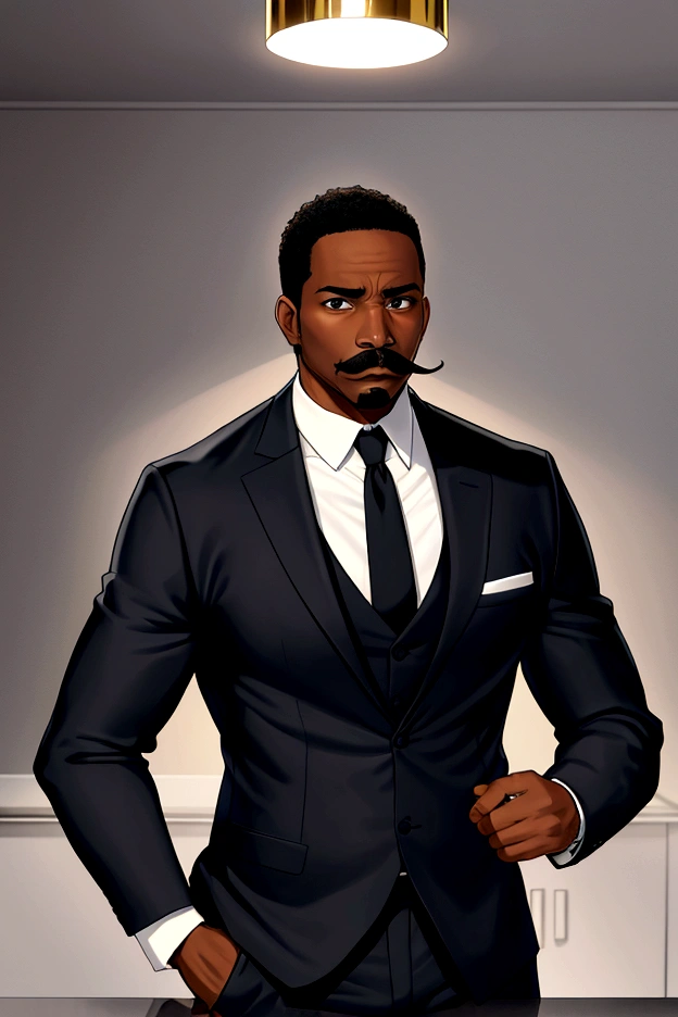 Raise a grown black man, 40 year old, using suit, PENSATIVE, serious, postured, thin moustache