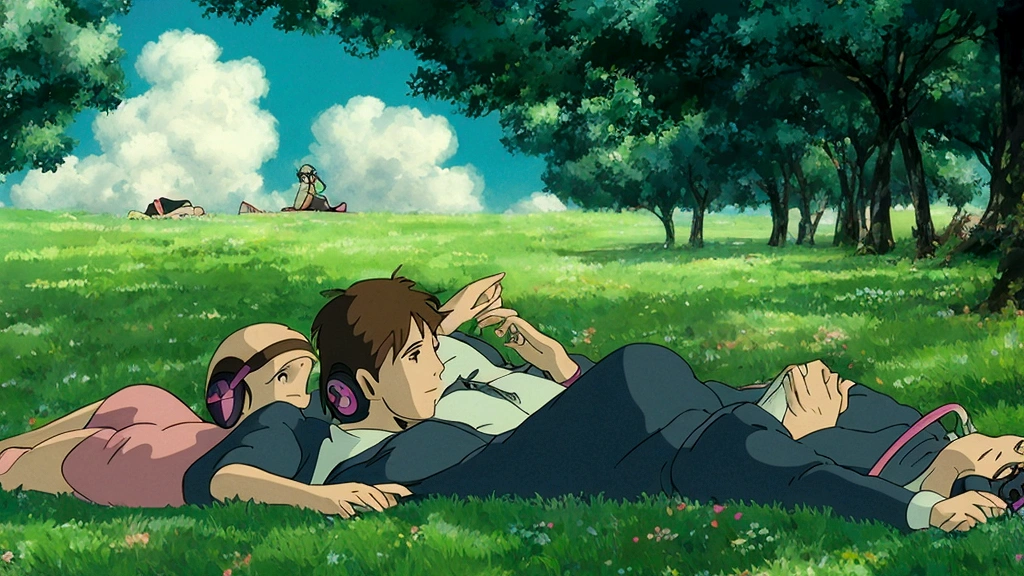 A boy and a girl lying on the grass listening to music WITH HEADPHONES, RELAXING, STUDIO GHIBLI