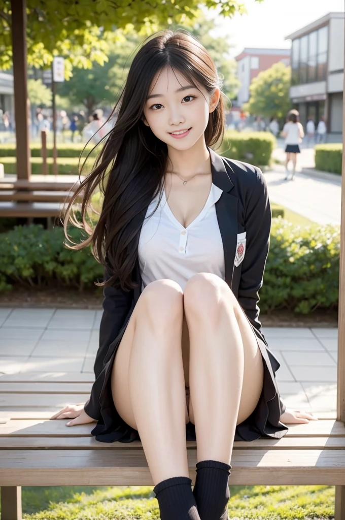 Pure Japanese school girl, sexual attractive, outstanding body, beautiful legs, wearing uniform, panty, sweet smile, sitting on bench, refreshing in early summer park, composition from the front, 