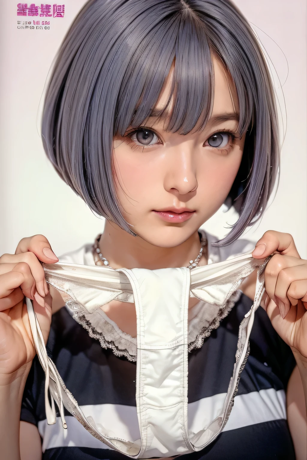 Very big black panties、White panties with a cross pattern、Light purple hair、Bobcut、Face is close、Close face、Panties in front、Showing panties、Very big panties、Pretty big panties