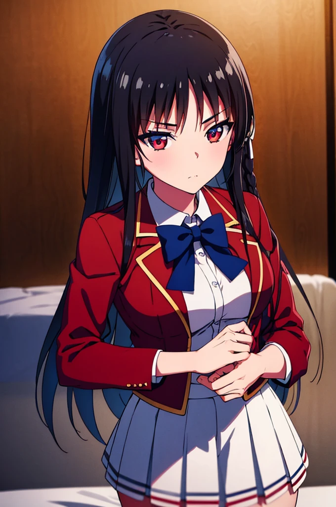 (masterpiece:1.3), (best quality:1.1), (8k, ultra detailed, ultra high res:1.2), ((anime style)), perfect 5 fingers, perfect anatomy, 1girl, 
BREAK long hair, braid, black hair, red eyes, (focus detailed eyes:1.2), blue bow, BREAK [medium breasts], red jacket, long sleeves, white skirt, pleated skirt, black thigh-high socks, looking at viewer, cowboy shot, BREAK booty pose, on the bed, indoor, 