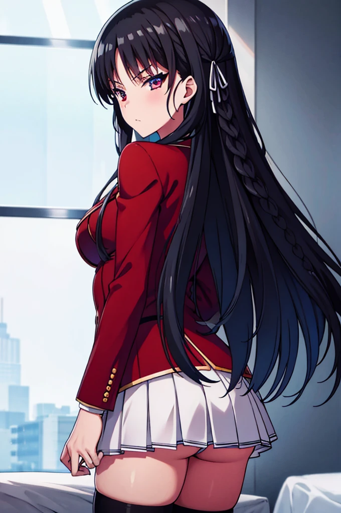 (masterpiece:1.3), (best quality:1.1), (8k, ultra detailed, ultra high res:1.2), ((anime style)), perfect 5 fingers, perfect anatomy, 1girl, 
BREAK long hair, braid, black hair, red eyes, (focus detailed eyes:1.2), blue bow, BREAK [medium breasts], red jacket, long sleeves, white skirt, pleated skirt, black thigh-high socks, looking at viewer, cowboy shot, BREAK booty pose, on the bed, indoor, 