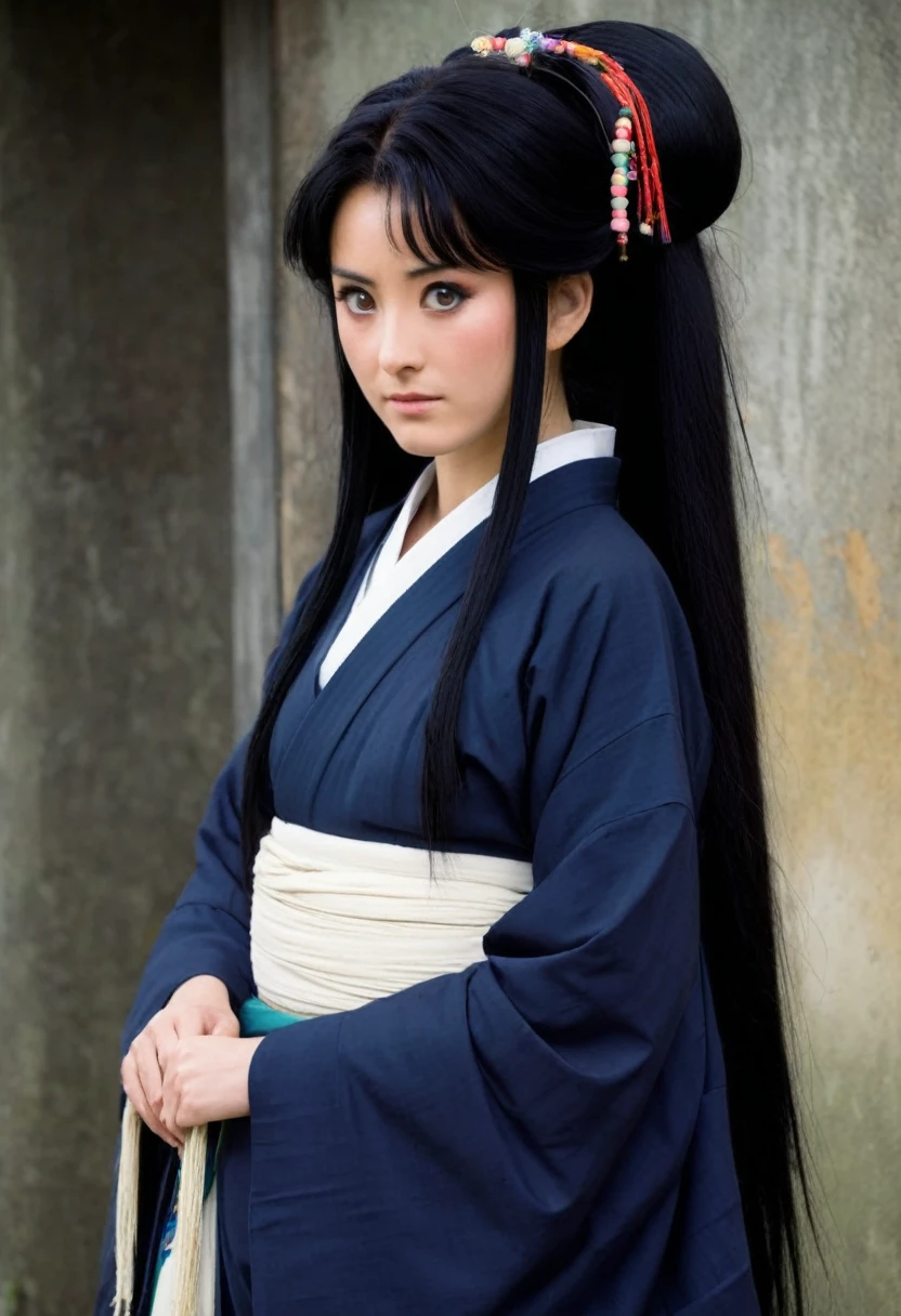 A Ghibli's studio character (2D). She have long black hair are tied but look messy. She wears traditional dark oiran clothes . she seems cold