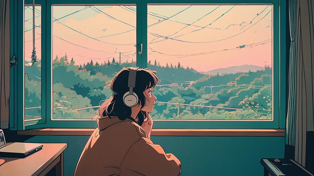 art wallpaper 4 k, アニメ art wallpaper 4k, アニメ art wallpaper 8 k, アニメ background art, Lofi Color, Lofi Art, アニメ asthetic,masterpiece, Highest quality, Rainbow Style, アニメ, Beautiful Asian Girl, Along the Hawaiian Coast, Cute and dreamy,アニメ,Illustrator,LOFI Girl, Blues,landscape,Sunset, night、Girl listening to music in a cozy room, Use headphones, 2D Style Anime, Rain outside the window、Analog Color Theme、Ghibli style,、Tokyo, night, Write notes