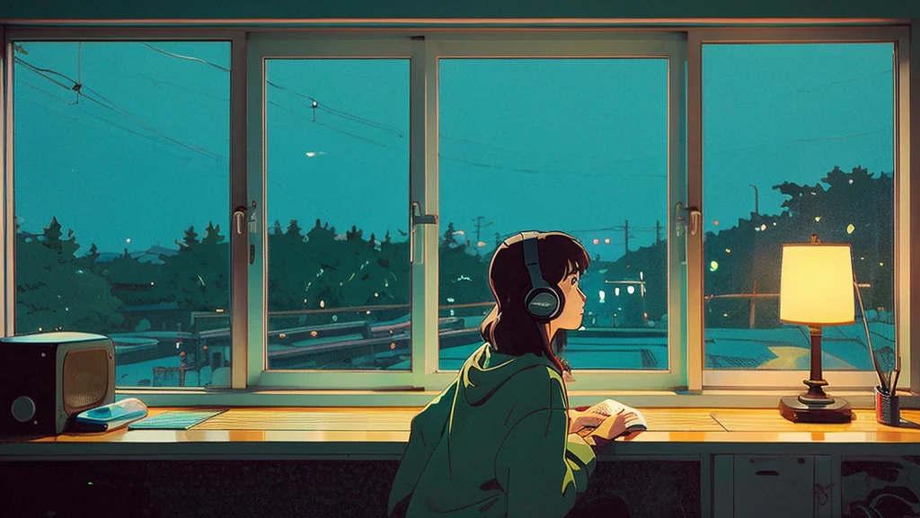 art wallpaper 4 k, アニメ art wallpaper 4k, アニメ art wallpaper 8 k, アニメ background art, Lofi Color, Lofi Art, アニメ asthetic,masterpiece, Highest quality, Rainbow Style, アニメ, Beautiful Asian Girl, Along the Hawaiian Coast, Cute and dreamy,アニメ,Illustrator,LOFI Girl, Blues,landscape,Sunset, night、Girl listening to music in a cozy room, Use headphones, 2D Style Anime, Rain outside the window、og Color Theme、Ghibli style,、Tokyo, night, Write notes