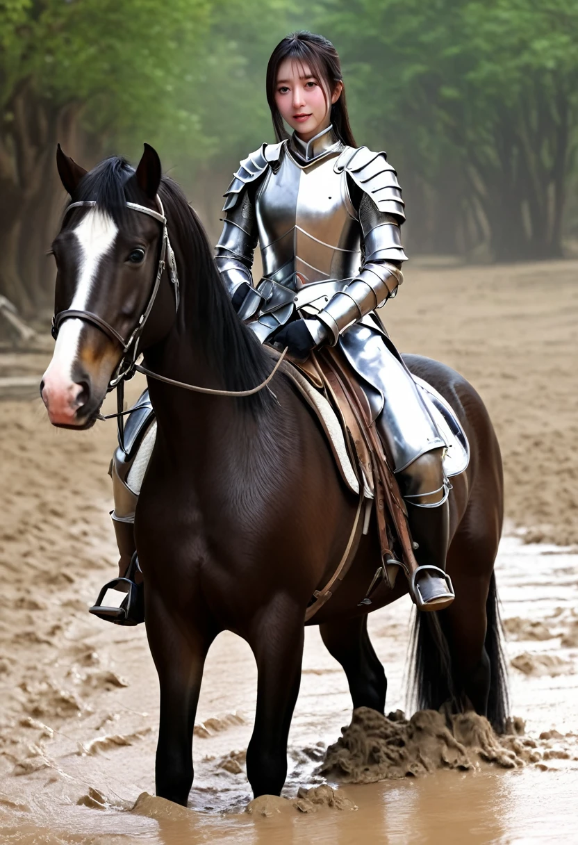 (((masterpiece))),(((Highest quality))),((Tabletop:1.4, Highest quality)), (Realな写真:1.4),
((1 cute girl knight)),rodeo,
(超High resolution:1.2),, wonderful, Very detailed CG Unity 8k wallpaper, Very detailed, High resolution,draft horse ridden by japanese cute girl,tight,muddy place,Beauty,The horse neighs,Female knight in armor,Sink,
Cold Light, Beautiful detailed girl, Droopy eyes,Very detailedな目と顔, Beautiful and exquisite nose, Beautiful and exquisite, draft horse ridden by a girl can't move because horse and girl soak in the sticky muddy deep pitfall:10.0 , horse falls down ,looks pained ,Surprised face:2.0,Real,Anatomically correct