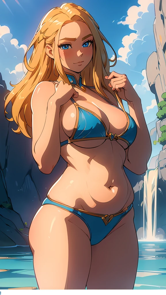 ((Masterpiece, best quality, perfect lighting, amazing shading)), perfect anatomy, field of depth, extremely beautiful, long blonde hair, hair, blue eyes, blue bikini, cute smile, (plump), blushing, (cowboy shot), (elegant pose), ocean background with waterfall, detailed background