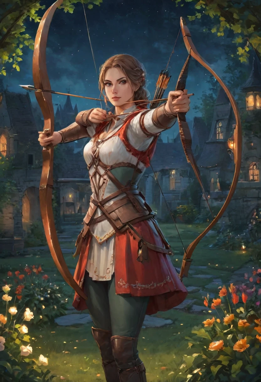 best quality, High target_solve, clearly_image, Detailed background ,1 Archer Woman, garden, night,Hook of Holland, Wide-angle lens, crown,