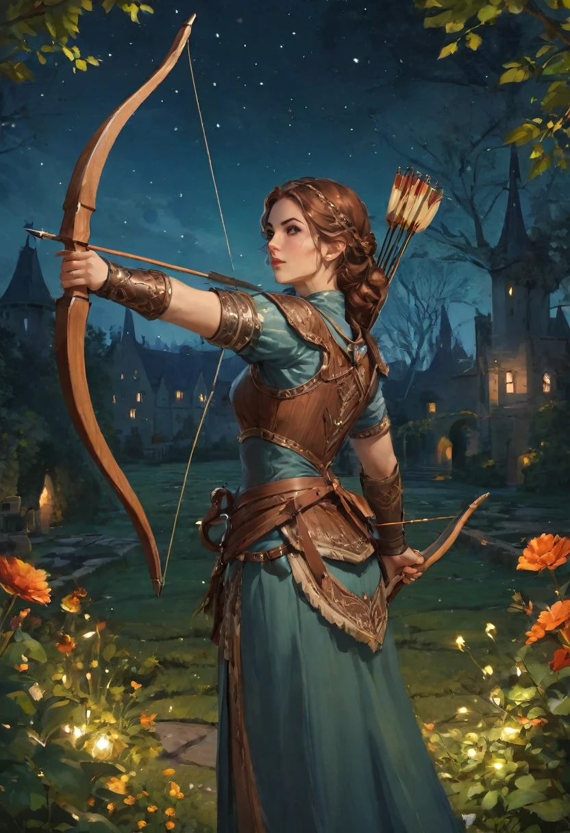 best quality, High target_solve, clearly_image, Detailed background ,1 Archer Woman, garden, night,Hook of Holland, Wide-angle lens, crown,