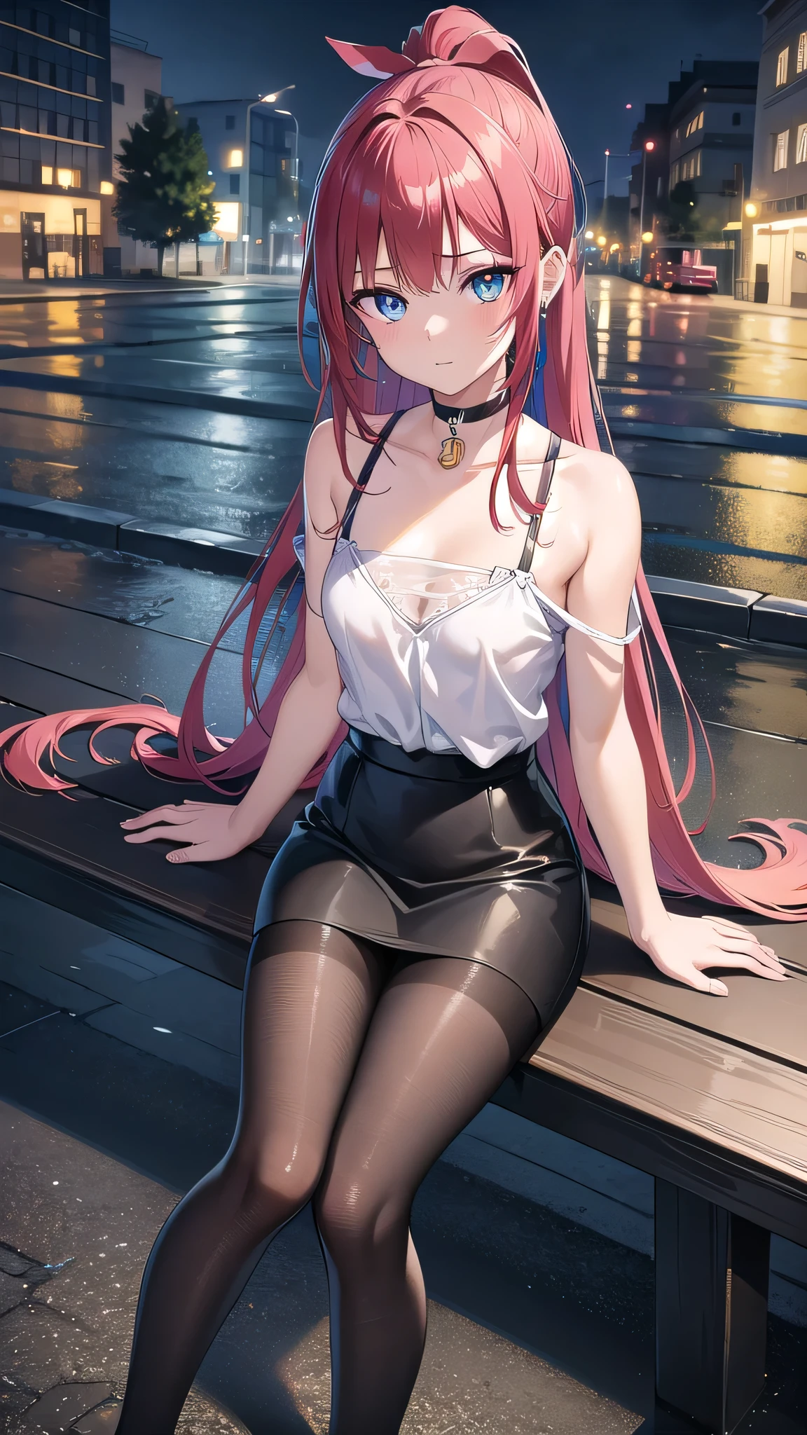 Masterpiece, top quality, best quality, official art, beautiful and aesthetic, anime, 1girl,extremely detailed, colorful, more detailed ((ultra-detailed)), (highly detailed CG illustration),Best Quality, High resolution, Unity 8k Wallpaper, (Illustration:0.8), (Beautiful detailed eyes:1.6), extra detailed face, Perfect Lighting, extremely details CG, (Perfect hands, Perfect Anatomy),city,street,night,wet road,reflections,lights,red long hair, cat ears,ponytail,blue eyes, barrette,black choker,earrings,skinny fit,medium breast,shoulders, small ass,white shirt,wet shirt,high-waist skirt, pantyhose,sitting at bench,cross legs. in middle, looking in camera,
