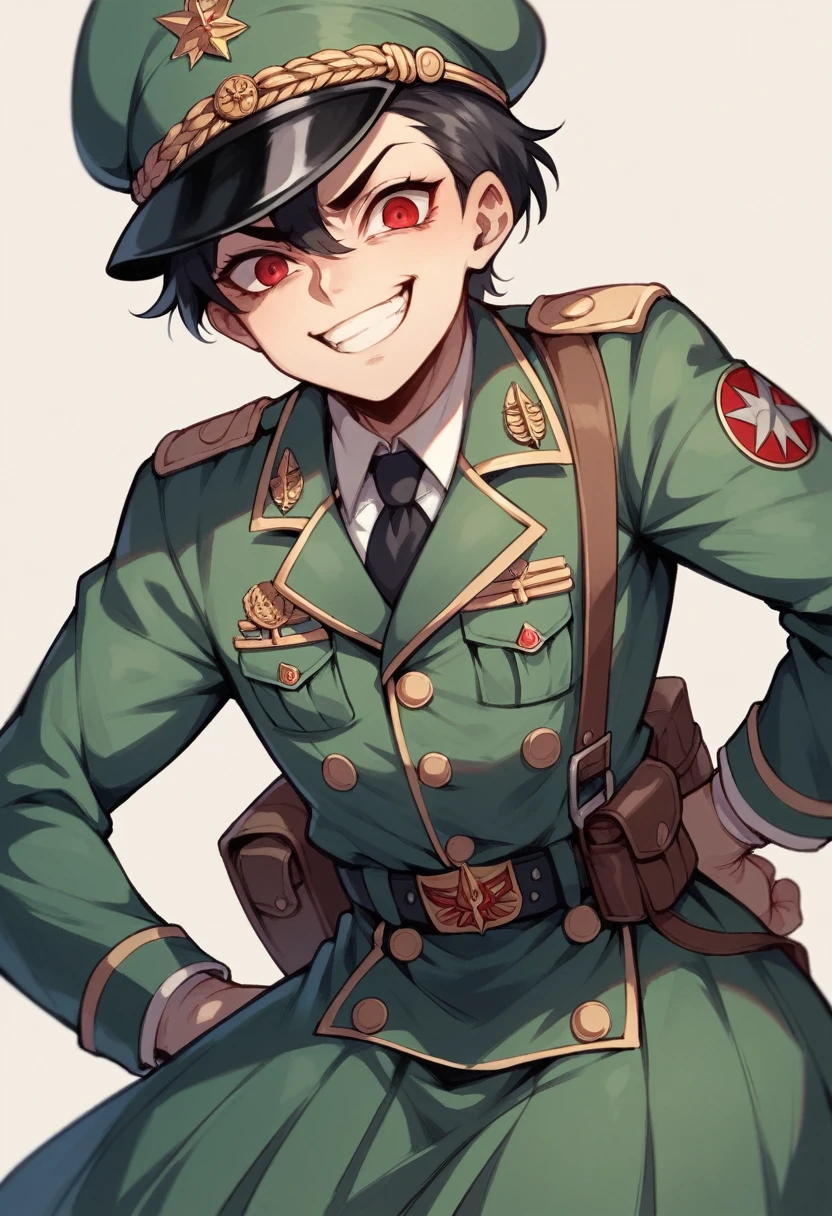 Ridiculous resolution, high resolution, very detailed, In World War II military uniform, battlefield, ,black german soldier uniform, young face, sly expression, evil smile, black hair, red eyes, femboy, cartoon, Anime, Male,