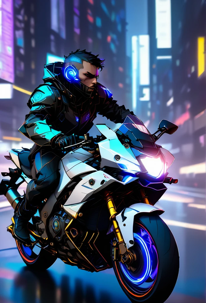 detailed cyberpunk motorcycle, futuristic motorcycle, riding on the road, motorcycle from behind view, 1 person riding motorcycle, intricate details, high resolution, 8k, photorealistic, hyper detailed, cinematic lighting, dynamic motion blur, gritty urban environment, neon lights, glowing cybernetic elements, chrome accents, weathered texture, mecha-inspired design, complex machinery, industrial cityscape, moody color palette, (mejor calidad,4k,8K,high resolution,obra maestra:1.2),ultra detallado,Sharp focus,(realista,photorealista,photo-realista:1.37), extremadamente finos,detalles intrincados,intense lighting,dramatic lighting,changing lighting,cinematic lighting,chiaroscuro lighting,dramatic shadows,Dramatic moments,vivid colors,colores intensos,Contraste profundo,cinematic depth of field,cinematographic composition,cinematic camera angle