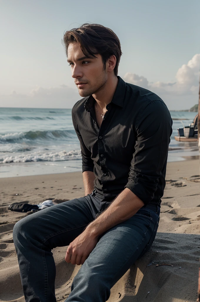 A handsome man wearing black jeans is sitting on the beach