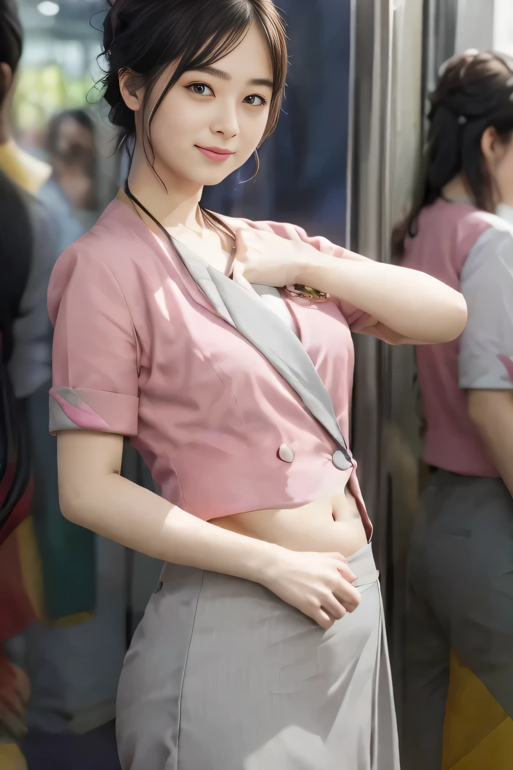 Showing your belly button、(masterpiece:1.2, Highest quality:1.2), 32k HDR, High resolution, (alone、1 girl)、 (Height: 160cm)、（On the rooftop of a building in the daytime、Professional Lighting）、Building rooftop background、（Nankai train crew uniform pinkを着たリアルスタイル）、（Nankai train crew uniform pink short sleeve collarless pink jacket、Nankai Train Crew Uniform Pink Collarless Short Sleeve Blouse、Nankai Train Crew Uniform Pink Grey Knee-length Culottes）、（The pink jacket is showing from the culottes.）、Dark brown hair、（Hair tied up、Hair tied up、Evening curly hairstyle）、Dark brown hair、Long Shot、Big Breasts、Thin legs、（（Great hands：2.0）），（（Harmonious body proportions：1.5）），（（Normal limbs：2.0）），（（Normal finger：2.0）），（（Delicate eyes：2.0）），（（Normal eyes：2.0））)、smile、（Nankai Train Crew Uniform Pink Grey Knee-length Culottesを見せた美しい歩く姿）、Place your hands around your stomach
