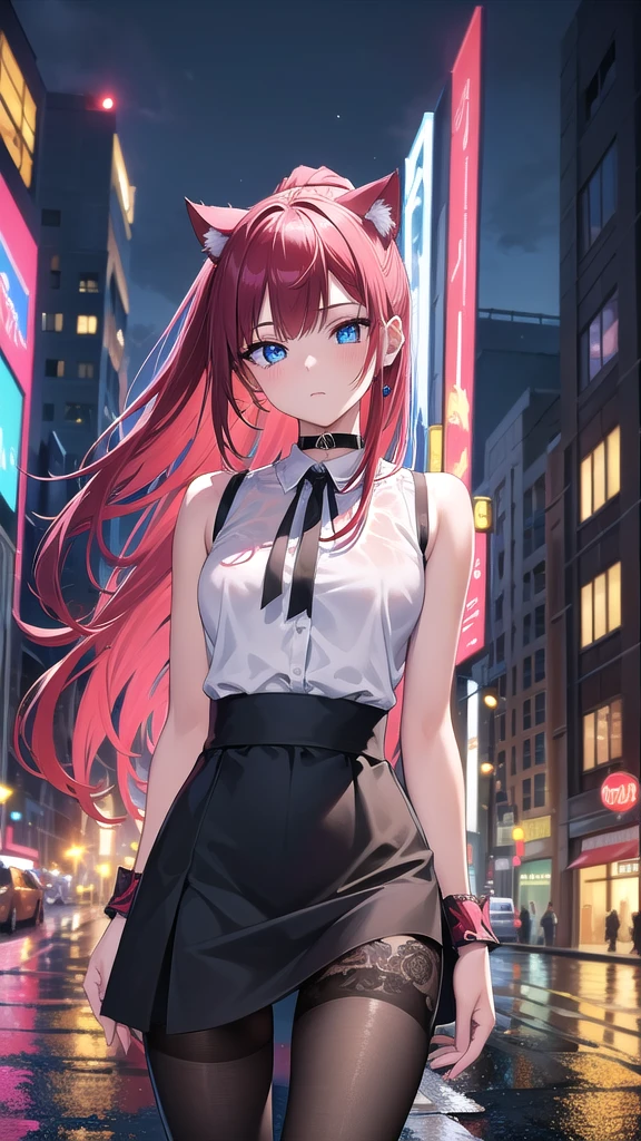 Masterpiece, top quality, best quality, official art, beautiful and aesthetic, anime, 1girl,extremely detailed, colorful, more detailed ((ultra-detailed)), (highly detailed CG illustration),Best Quality, High resolution, Unity 8k Wallpaper, (Illustration:0.8), (Beautiful detailed eyes:1.6), extra detailed face, Perfect Lighting, extremely details CG, (Perfect hands, Perfect Anatomy),city,street,night,wet road,reflections,lights,red long hair, cat ears,ponytail,blue eyes, barrette,black choker,earrings,skinny fit,medium breast,shoulders, small ass,white shirt,wet shirt,high-waist skirt, pantyhose,upskirt,panties looking in camera,