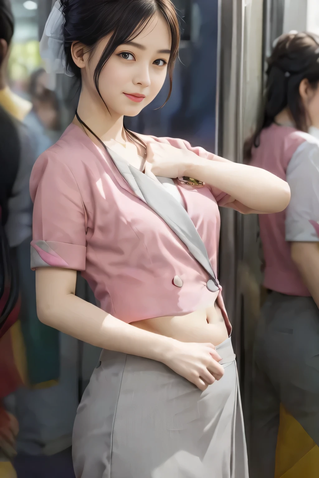 Showing your belly button、(masterpiece:1.2, Highest quality:1.2), 32k HDR, High resolution, (alone、1 girl)、 (Height: 160cm)、（On the rooftop of a building in the daytime、Professional Lighting）、Building rooftop background、（Nankai train crew uniform pinkを着たリアルスタイル）、（Nankai train crew uniform pink short sleeve collarless pink jacket、Nankai Train Crew Uniform Pink Collarless Short Sleeve Blouse、Nankai Train Crew Uniform Pink Grey Knee-length Culottes）、（The pink jacket is showing from the culottes.）、Dark brown hair、（Hair tied up、Hair tied up、Evening curly hairstyle）、Dark brown hair、Long Shot、Big Breasts、Thin legs、（（Great hands：2.0）），（（Harmonious body proportions：1.5）），（（Normal limbs：2.0）），（（Normal finger：2.0）），（（Delicate eyes：2.0）），（（Normal eyes：2.0））)、smile、（Nankai Train Crew Uniform Pink Grey Knee-length Culottesを見せた美しい歩く姿）、Place your hands around your stomach