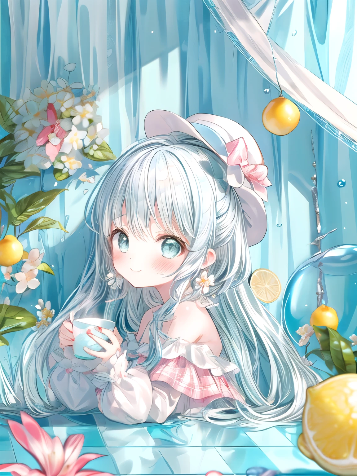 masterpiece, best quality, extremely detailed, (illustration, official art:1.1),adorable **** face、 1 girl ,(((( light blue long hair)))),pale blue hair,****, long hair ((blush)) , cute face, big eyes, masterpiece, best quality,(((((a very delicate and beautiful girl))))),Amazing,beautiful detailed eyes,blunt bangs((((little delicate girl)))),tareme(true beautiful:1.2), sense of depth,dynamic angle,,,, affectionate smile, (true beautiful:1.2),,(tiny 1girl model:1.2),)flat chest、，(masterpiece:1.2), highest quality,pixiv, Sweet girl portrait, 1 girl, lemon, alone, lemon slice, have, jewelry, earrings, cup, looking at the viewer, flower, fruits, holding, bow, food, green eyes, bangs, bare shoulders, food-themed earrings, holding cup, Cup, white hat, nail polish, polka dots, have bow, off shoulder, short hair, white flower, blush, striped bow, portrait, english text, bubble, flower earrings, plaid, Upper body, From the side
