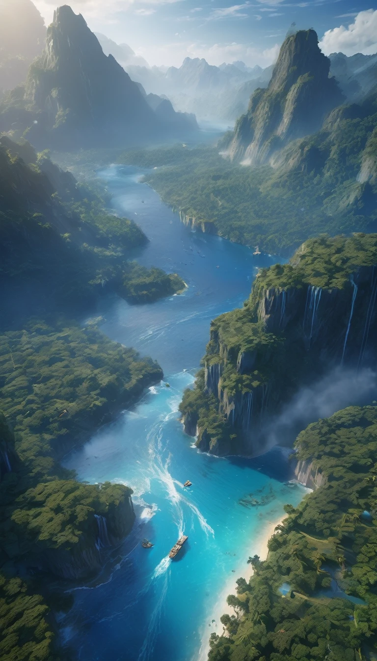 (masterpiece, best quality:1.2), (masterpiece, best quality:1.2), landscape, aerial perspective, Tropical mountains, landscape indigo accent, mythology, cinematic,detailed, Atmospheric,backlight,epic, cinematic, conceptual art, matte painting, Beautiful scenery, Realistic lighting, masterpiece, high quality, nice graphics, high detail, ultra detailed, cinematic lighting, high dynamic range, illustration, --v6