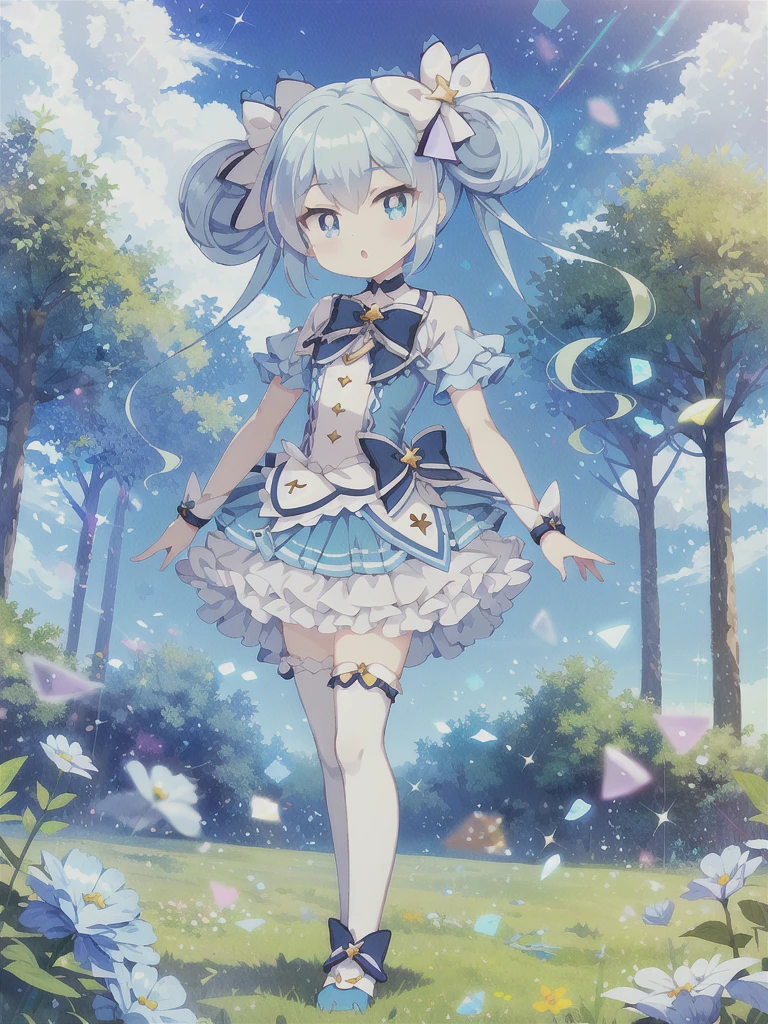 Masterpiece,high quality,high resolution,Detailed Background,Glassy, clear eyes,Lens flare,Blue Hair, Twin tails, Hair between the eyes, 紫のhair bow, eyebrows visible through hair,Magical Girl Clothes,1girl,Floating in the sky,grassland,Are standing,whole body