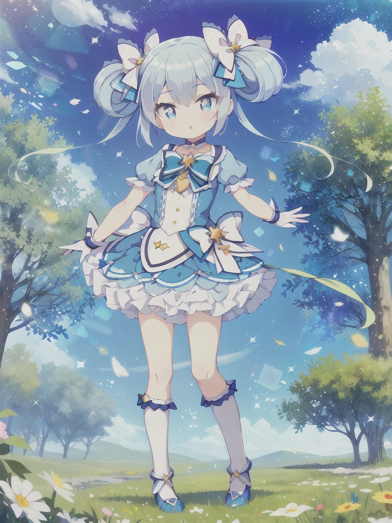 Masterpiece,high quality,high resolution,Detailed Background,Glassy, clear eyes,Lens flare,Blue Hair, Twin tails, Hair between the eyes, 紫のhair bow, eyebrows visible through hair,Magical Girl Clothes,1girl,Floating in the sky,grassland,Are standing,whole body