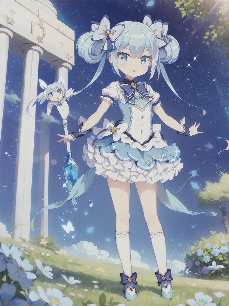 Masterpiece,high quality,high resolution,Detailed Background,Glassy, clear eyes,Lens flare,Blue Hair, Twin tails, Hair between the eyes, 紫のhair bow, eyebrows visible through hair,Magical Girl Clothes,1girl,Floating in the sky,grassland,Are standing,whole body