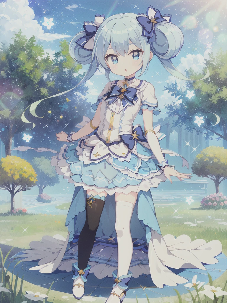 Masterpiece,high quality,high resolution,Detailed Background,Glassy, clear eyes,Lens flare,Blue Hair, Twin tails, Hair between the eyes, 紫のhair bow, eyebrows visible through hair,Magical Girl Clothes,1girl,Floating in the sky,grassland,Are standing,whole body