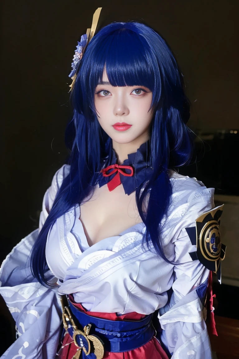 best quality, tmasterpiece,Ultra-high resolution,Clear face,(Reality:1.4),ferpect lighting,(upper body photo), (photorealistic:1.50), anime wallpaper, Guviz style artwork, cover-up fantasy up to magic , by Yang J, Guviz, beautiful artwork illustration, beautiful digital artwork, beautiful digital illustration, Li Song, beautiful anime portrait, art style in Beauvot, Raiden General Fine clothes White clothes Blunt bangs Braided (mid-chest: 1.4) cleavage Wide sleeve kimono Hair accessories Day clothes (Red belt: 1.4) (light purple hair: 1.4) Very long hair, straight hair, delicate face, cold face, (smooth chin: 0.85), looking at the audience, beautiful eyes, purple eyes, detailed eyes, skirt, (sunset: 1.4), from the side, (((close-up to face))),bright lighting, front lighting, face shooting, super Giant breast:1.3, Prone pose, Background inside the house,