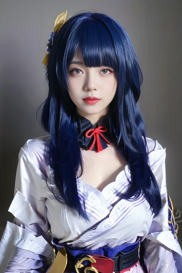 best quality, tmasterpiece,Ultra-high resolution,Clear face,(Reality:1.4),ferpect lighting,(upper body photo), (photorealistic:1.50), anime wallpaper, Guviz style artwork, cover-up fantasy up to magic , by Yang J, Guviz, beautiful artwork illustration, beautiful digital artwork, beautiful digital illustration, Li Song, beautiful anime portrait, art style in Beauvot, Raiden General Fine clothes White clothes Blunt bangs Braided (mid-chest: 1.4) cleavage Wide sleeve kimono Hair accessories Day clothes (Red belt: 1.4) (light purple hair: 1.4) Very long hair, straight hair, delicate face, cold face, (smooth chin: 0.85), looking at the audience, beautiful eyes, purple eyes, detailed eyes, skirt, (sunset: 1.4), from the side, (((close-up to face))),bright lighting, front lighting, face shooting, super Giant breast:1.3, Prone pose, Background inside the house,