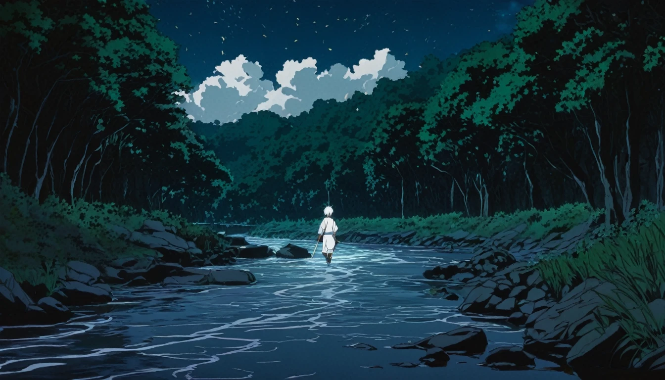 Young white hair stylist boy ayush(anime style) The pencil beginning to glow faintly as Ayush draws a simple landscape with trees and a flowing river.close up ( Horror anime style)